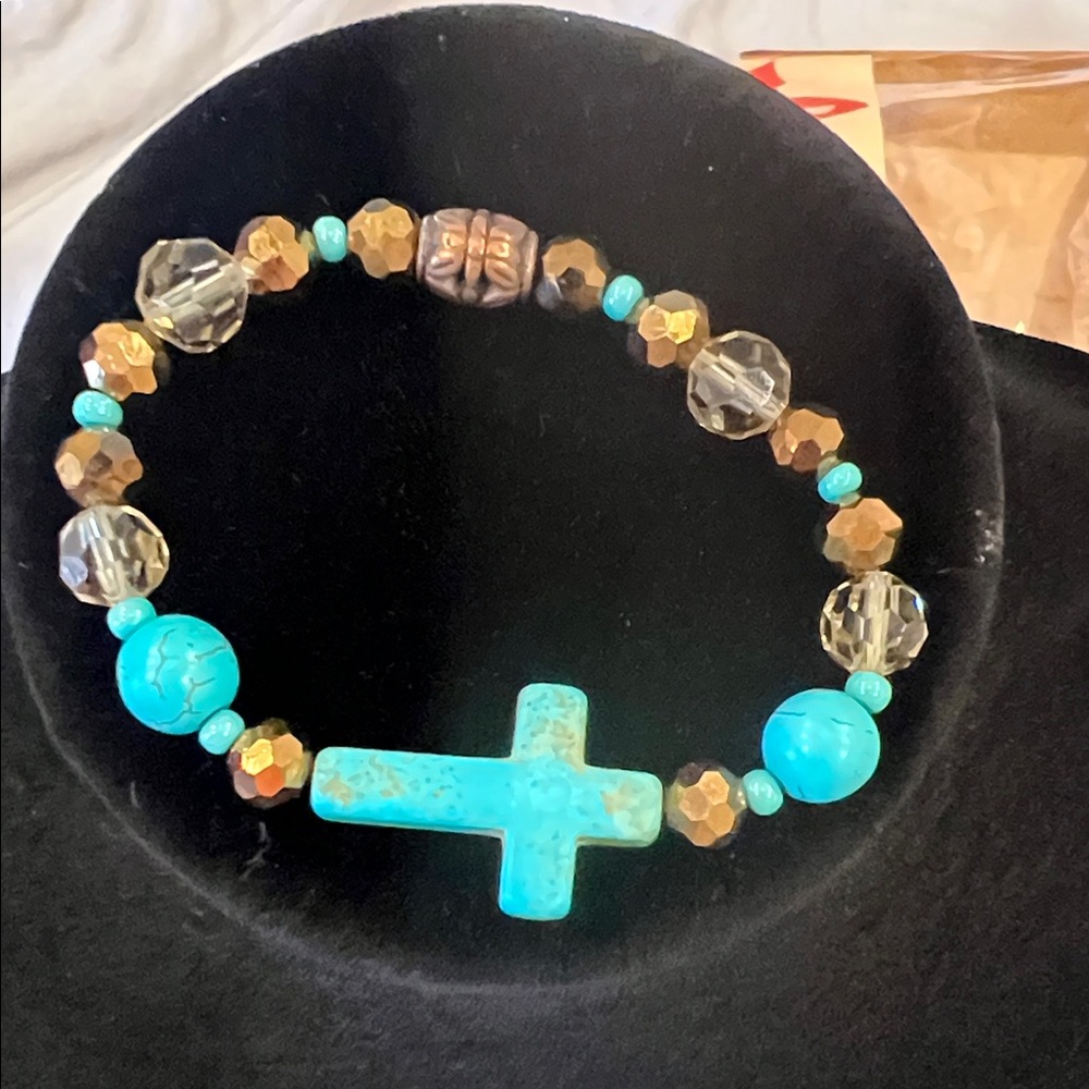 Turquoise colored and Brown Beaded Cross stretch Bracelet